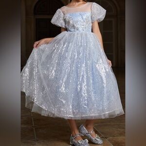 Girl's Applique Decor Puff Sleeve Sequin A Line Dress